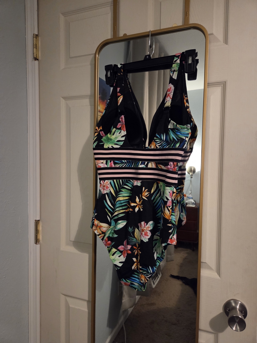Swimsuits For All Black Tropical Floral One-Piece with Pink Stripes-Size 10 - Picture 3 of 7